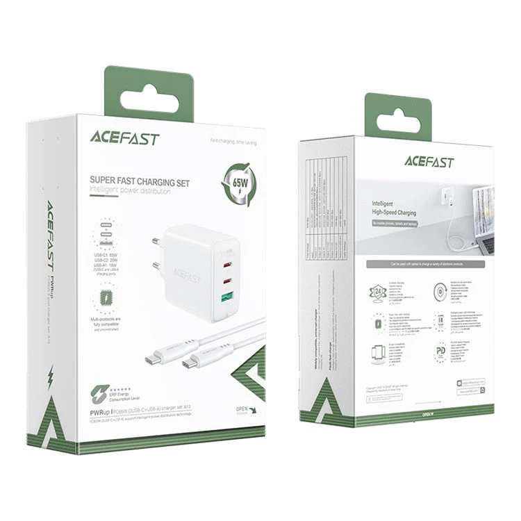 ACEFAST A13 USB C+C+A Three Ports PD65W Wall Charger Power Adapter EU Plug with 1.2m Cable - White - Image 7