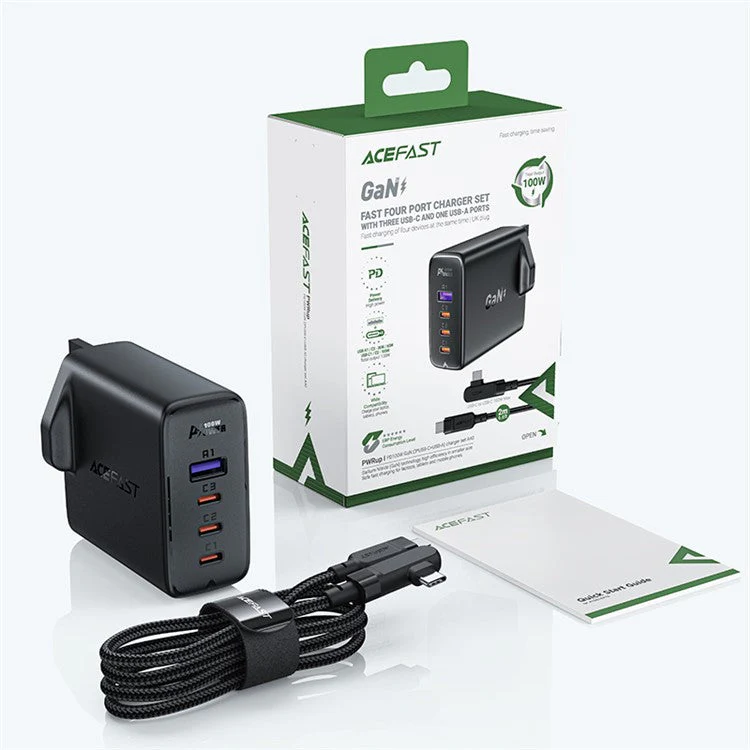 ACEFAST A40 PD 100W GaN Fast Charger 3 Type-C + 1 USB-A Charging Adapter with Charging Cable, UK Plug - Black - Image 6