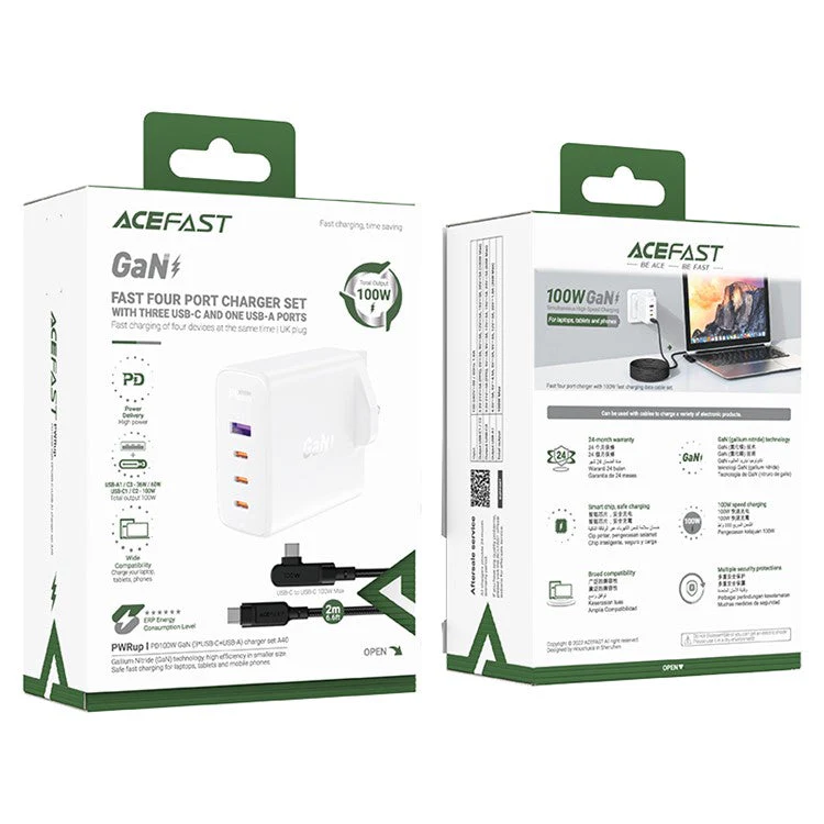 ACEFAST A40 PD 100W GaN Fast Charger 3 Type-C + 1 USB-A Charging Adapter with Charging Cable, UK Plug - White - Image 6