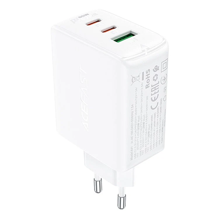 ACEFAST A41 PD 65W GaN Wall Charger 2 Type-C + 1 USB-A Phone Charging Adapter, EU Plug - White