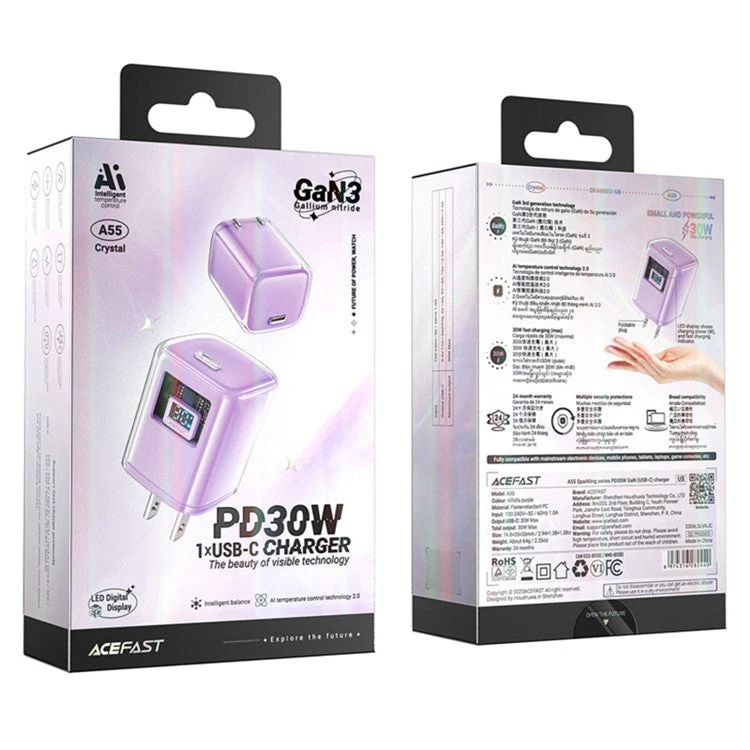 ACEFAST A55 GaN Power Adapter PD 30W USB-C Wall Charger Block - US Plug / Purple - Image 8