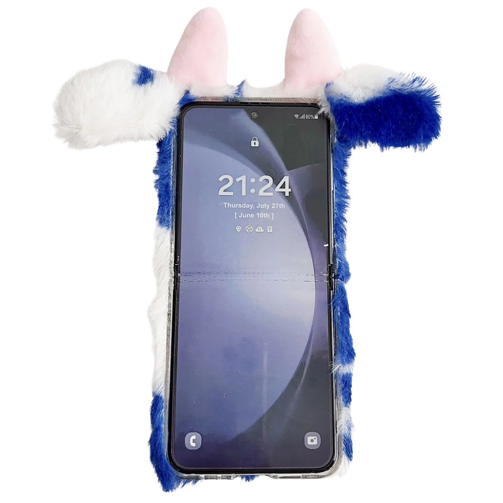 Acrylic Folding Phone Case for Samsung Galaxy Z Flip7 FE 5G / Z Flip6 5G Fluffy Cows Ear Cover - Blue - Image 4