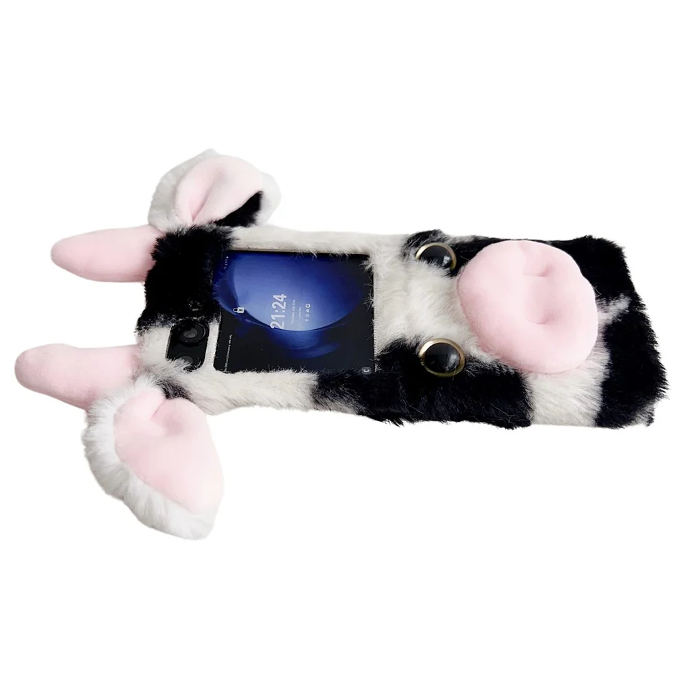 Acrylic Folding Phone Case for Samsung Galaxy Z Flip7 FE 5G / Z Flip6 5G Fluffy Cows Ear Cover - Blue - Image 5