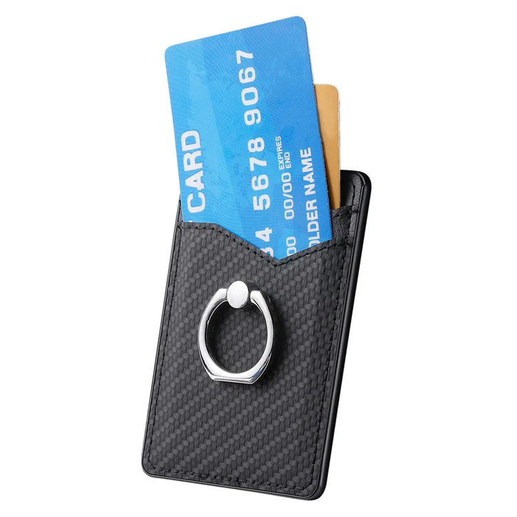 Adhesive Card Holder Carbon Fiber Texture Ring Kickstand Leather Card Bag - Black - Image 5