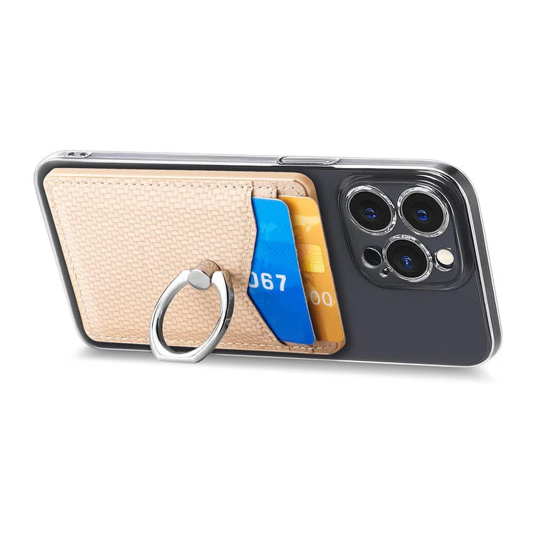Adhesive Card Holder Carbon Fiber Texture Ring Kickstand Leather Card Bag - Khaki - Image 3