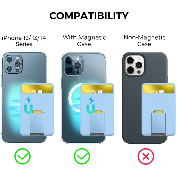 AHASTYLE PT133-H Magnetic Card Holder for iPhone 14 / 13 / 12 Series, Card Pocket Phone Stand Bracket - Baby Blue - Image 2