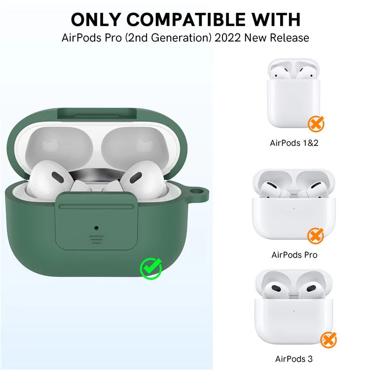 AHASTYLE WG108 Silicone Case for AirPods Pro 2 Case Cover Anti-Fall Integrated Bluetooth Headset Protector with Strap, Hook - Midnight Green - Image 2