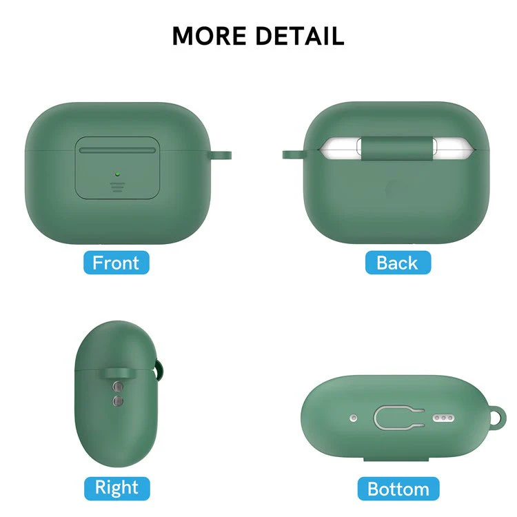 AHASTYLE WG108 Silicone Case for AirPods Pro 2 Case Cover Anti-Fall Integrated Bluetooth Headset Protector with Strap, Hook - Midnight Green - Image 3