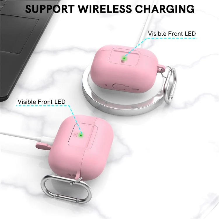 AHASTYLE WG108 Silicone Case for AirPods Pro 2 Case Cover Anti-Fall Integrated Bluetooth Headset Protector with Strap, Hook - Pink - Image 6