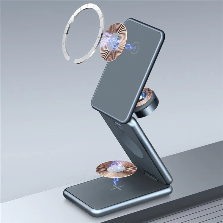 AK09 3-in-1 15W Magnetic Wireless Charger Aluminum Alloy Folding Cell Phone Fast Charging Stand for Earbuds, Smart Watch - Image 4