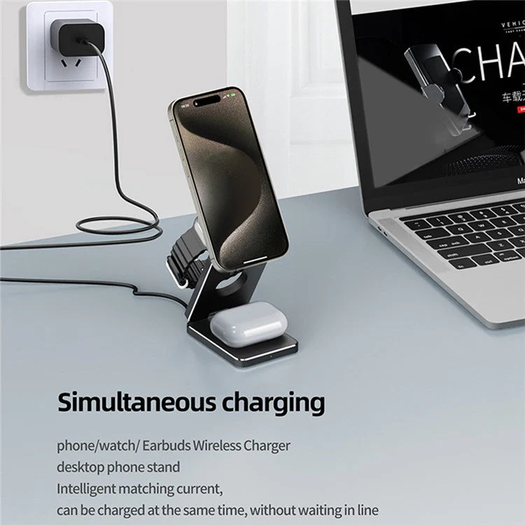 AK30 3-in-1 Foldable Charging Stand Phone Watch Earphone Aluminum Alloy 15W Magnetic Wireless Charger - Image 2