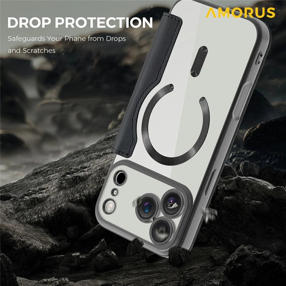 AMORUS For iPhone 17 Pro Max Case Compatible with MagSafe RFID Blocking Card Holder Leather Phone Cover - Black - Image 5