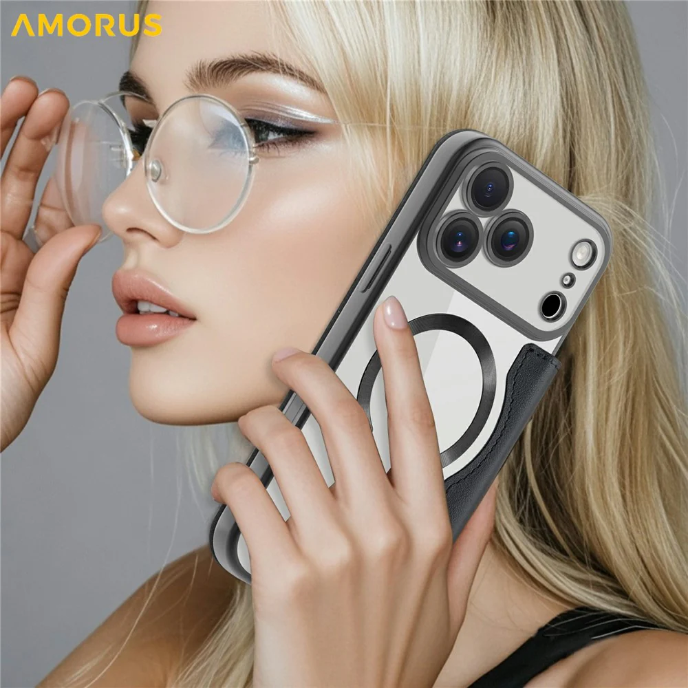 AMORUS For iPhone 17 Pro Max Case Compatible with MagSafe RFID Blocking Card Holder Leather Phone Cover - Black - Image 8