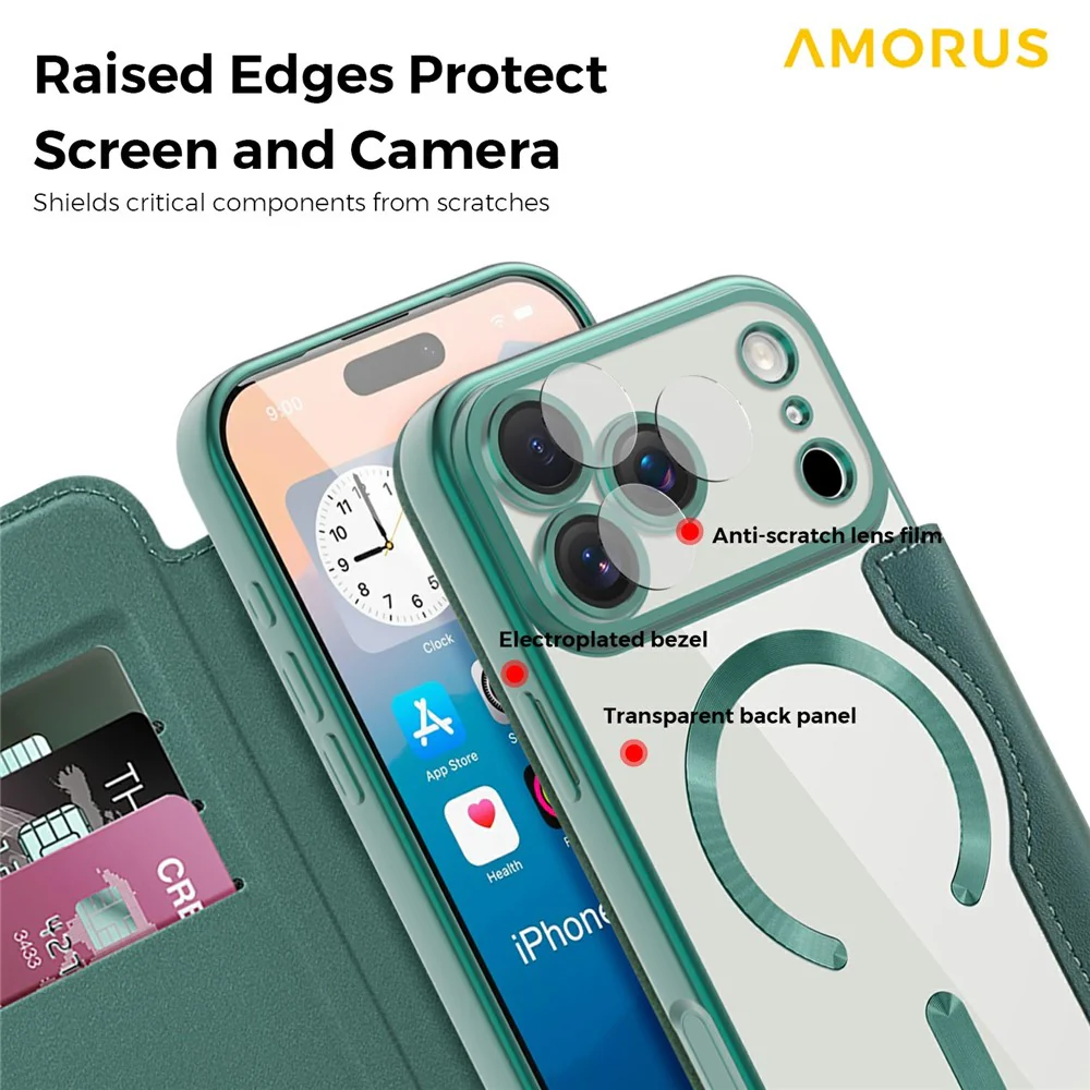 AMORUS For iPhone 17 Pro Max Case Compatible with MagSafe RFID Blocking Card Holder Leather Phone Cover - Blackish Green - Image 6