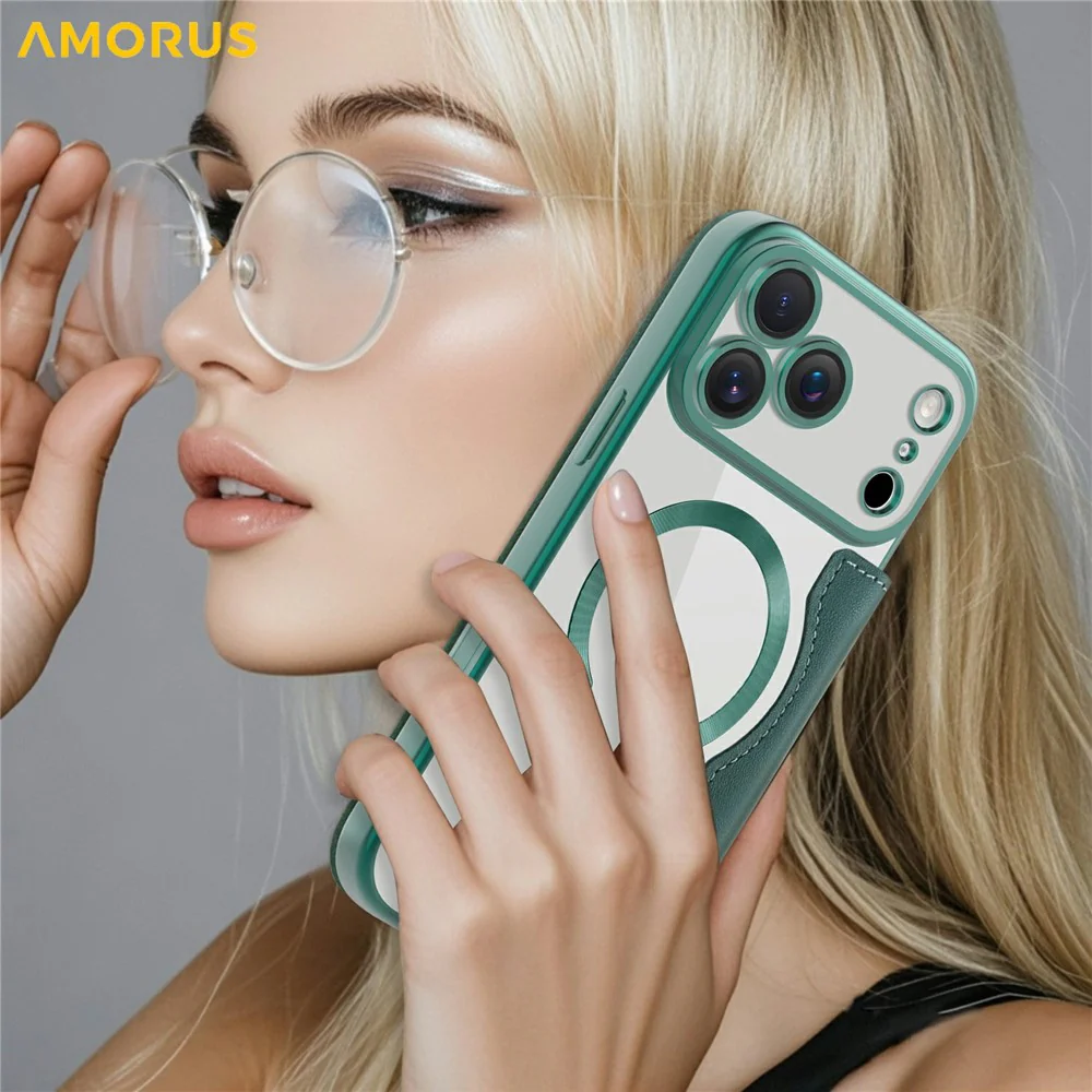 AMORUS For iPhone 17 Pro Max Case Compatible with MagSafe RFID Blocking Card Holder Leather Phone Cover - Blackish Green - Image 8