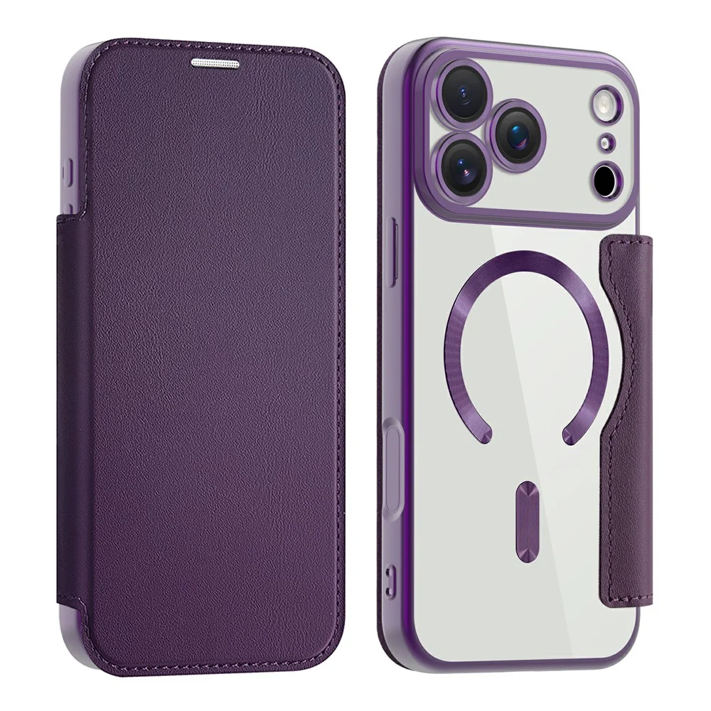 AMORUS For iPhone 17 Pro Max Case Compatible with MagSafe RFID Blocking Card Holder Leather Phone Cover - Dark Purple