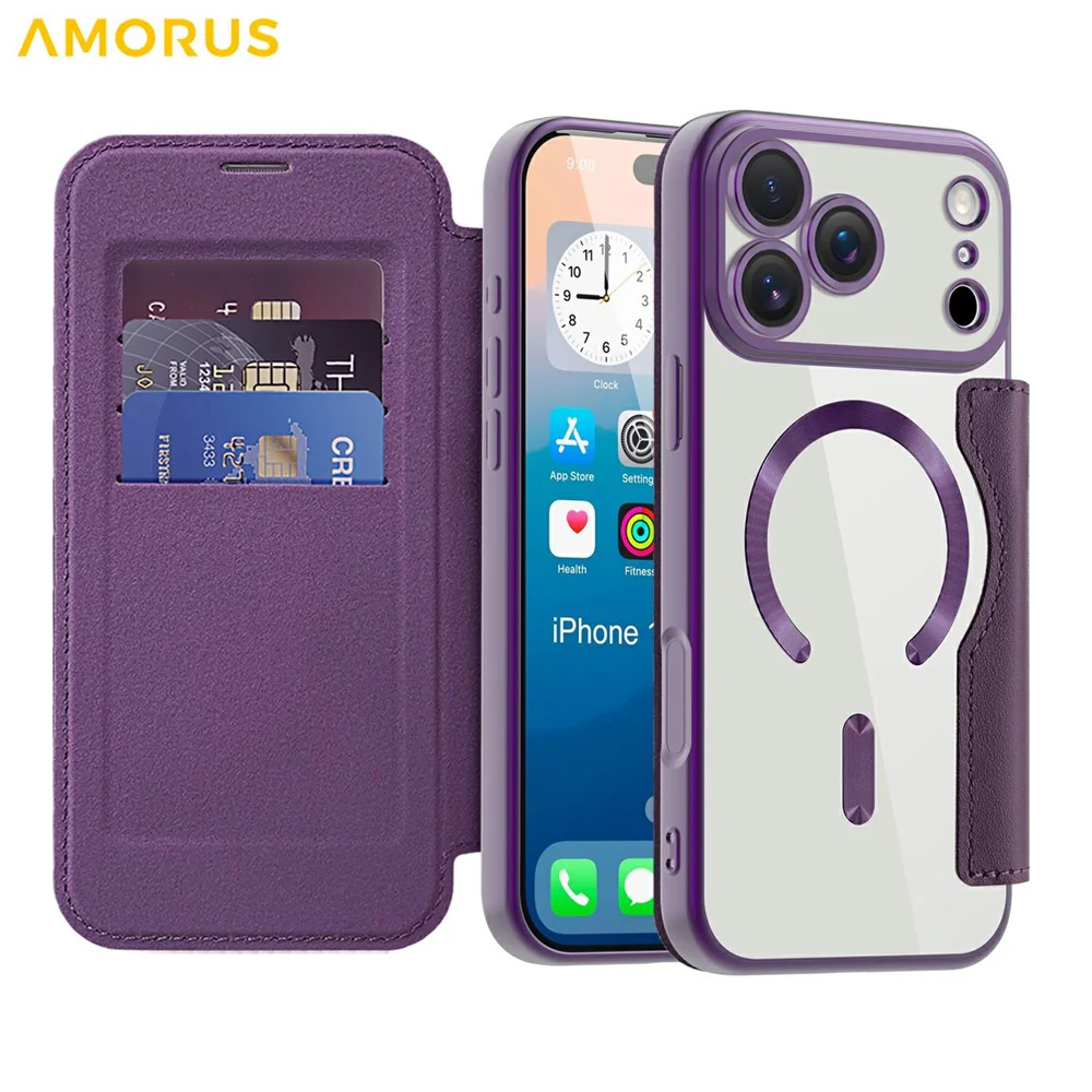 AMORUS For iPhone 17 Pro Max Case Compatible with MagSafe RFID Blocking Card Holder Leather Phone Cover - Dark Purple - Image 2