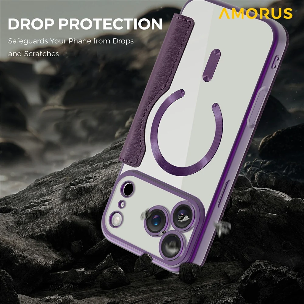 AMORUS For iPhone 17 Pro Max Case Compatible with MagSafe RFID Blocking Card Holder Leather Phone Cover - Dark Purple - Image 5