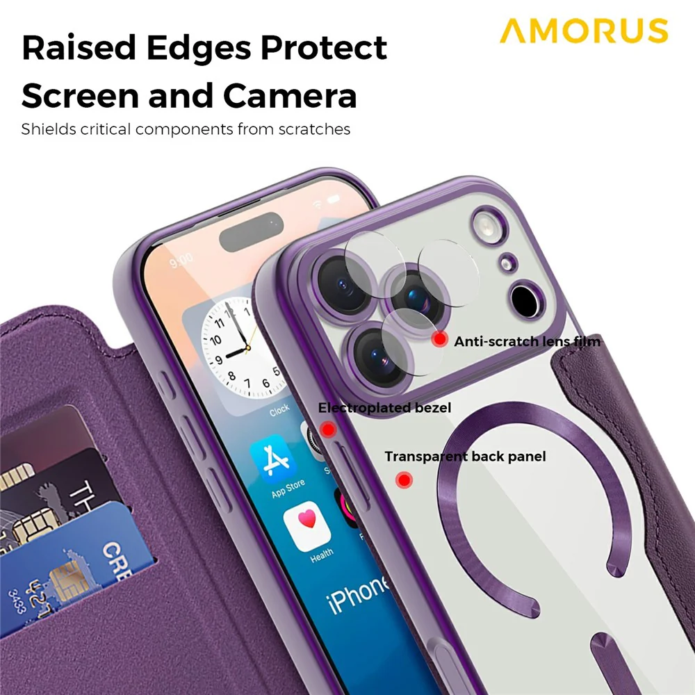AMORUS For iPhone 17 Pro Max Case Compatible with MagSafe RFID Blocking Card Holder Leather Phone Cover - Dark Purple - Image 6