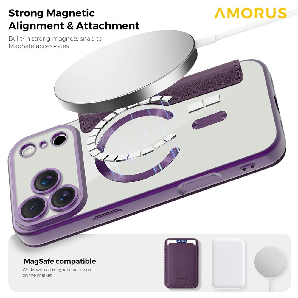 AMORUS For iPhone 17 Pro Max Case Compatible with MagSafe RFID Blocking Card Holder Leather Phone Cover - Dark Purple - Image 7