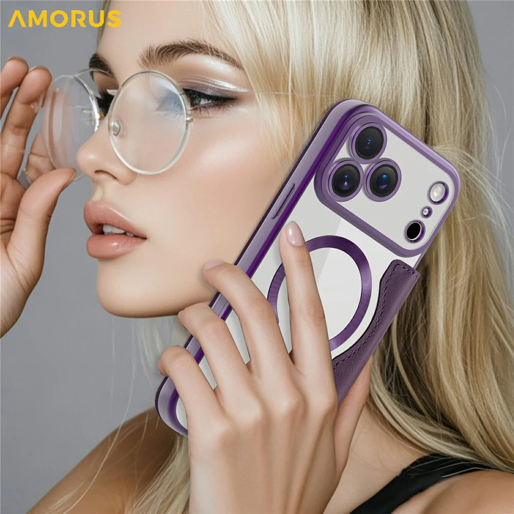 AMORUS For iPhone 17 Pro Max Case Compatible with MagSafe RFID Blocking Card Holder Leather Phone Cover - Dark Purple - Image 8