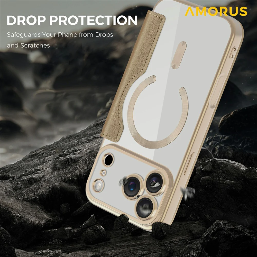 AMORUS For iPhone 17 Pro Max Case Compatible with MagSafe RFID Blocking Card Holder Leather Phone Cover - Desert Gold - Image 5
