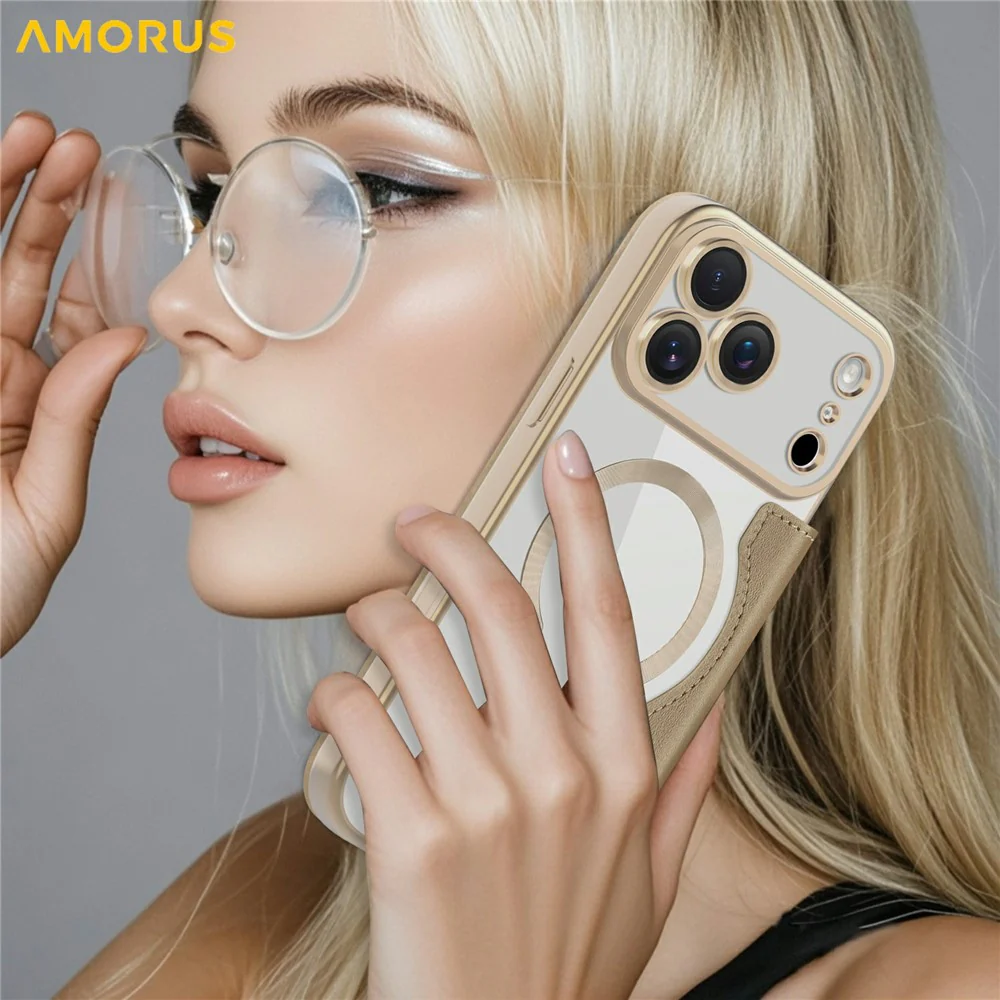 AMORUS For iPhone 17 Pro Max Case Compatible with MagSafe RFID Blocking Card Holder Leather Phone Cover - Desert Gold - Image 8