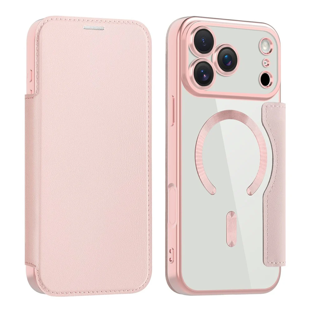 AMORUS For iPhone 17 Pro Max Case Compatible with MagSafe RFID Blocking Card Holder Leather Phone Cover - Pink