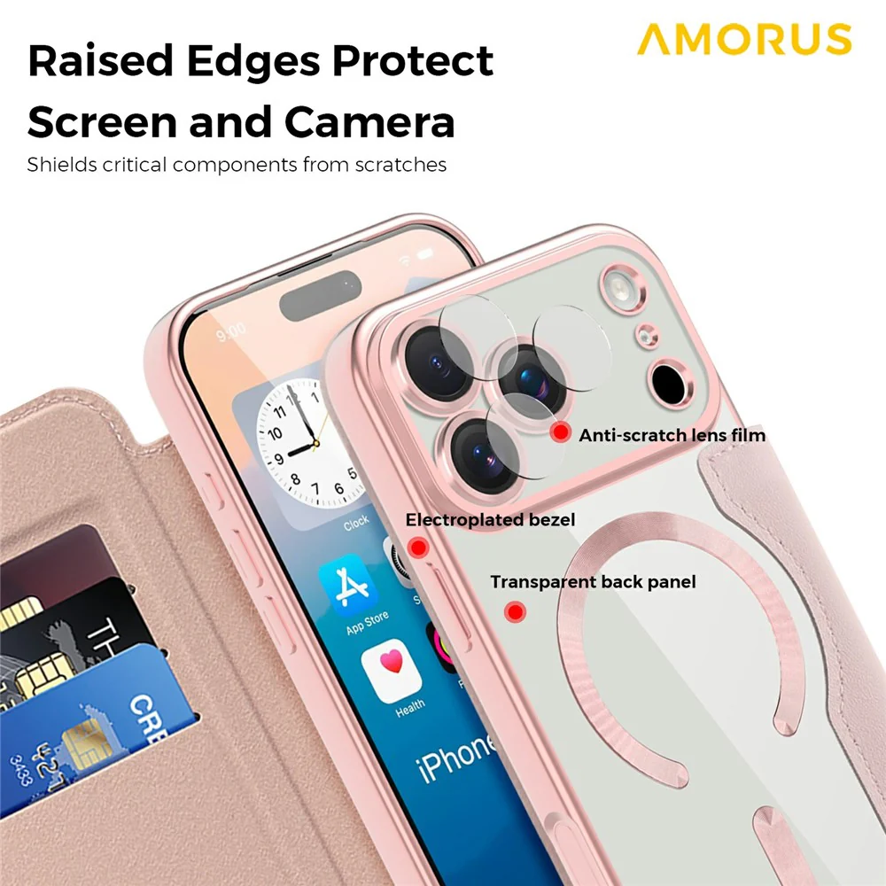 AMORUS For iPhone 17 Pro Max Case Compatible with MagSafe RFID Blocking Card Holder Leather Phone Cover - Pink - Image 6