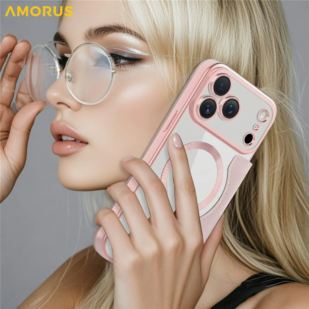 AMORUS For iPhone 17 Pro Max Case Compatible with MagSafe RFID Blocking Card Holder Leather Phone Cover - Pink - Image 8