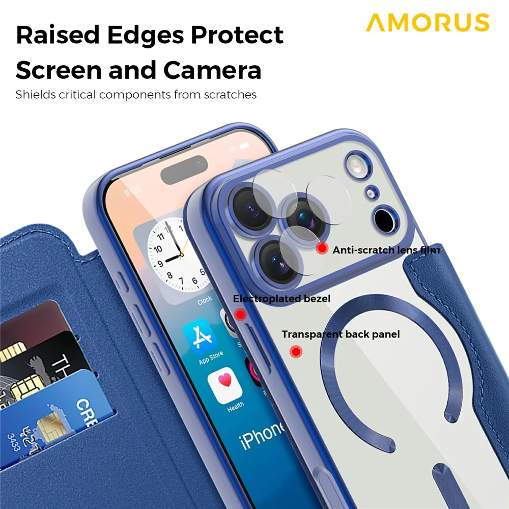 AMORUS For iPhone 17 Pro Max Case Compatible with MagSafe RFID Blocking Card Holder Leather Phone Cover - Sapphire - Image 6