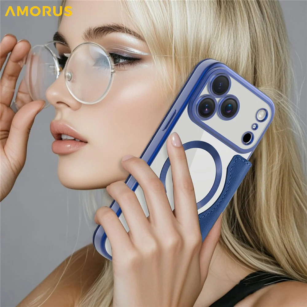 AMORUS For iPhone 17 Pro Max Case Compatible with MagSafe RFID Blocking Card Holder Leather Phone Cover - Sapphire - Image 8