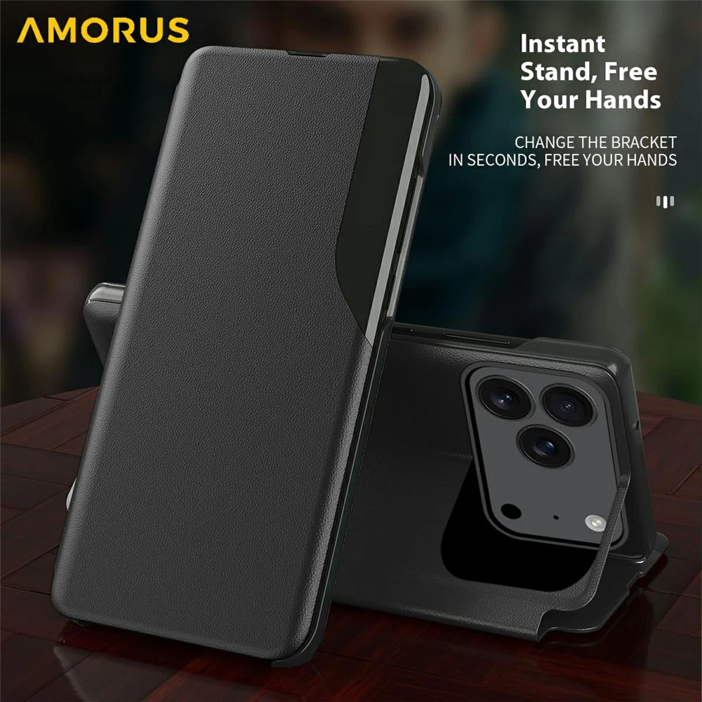 AMORUS For iPhone 17 Pro Max Case Folio Flip Stand PU Leather Phone Cover - Blue - Image 3