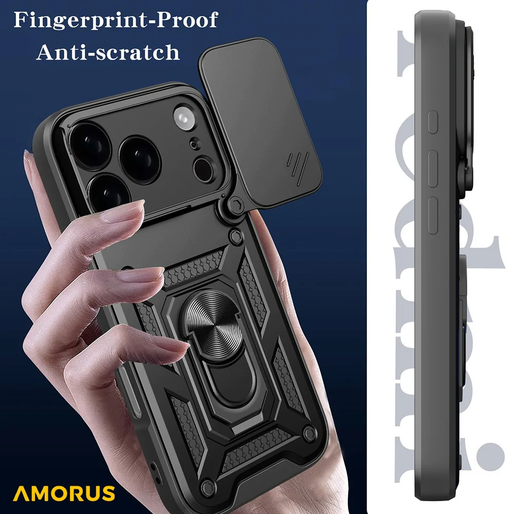 AMORUS For iPhone 17 Pro Max Case Kickstand PC + TPU Phone Cover with Camera Lens Slider - Black - Image 8
