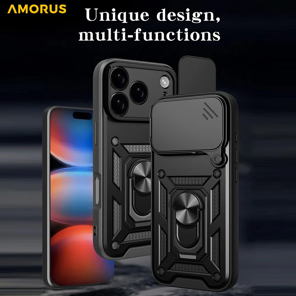 AMORUS For iPhone 17 Pro Max Case Kickstand PC + TPU Phone Cover with Camera Lens Slider - Red - Image 2