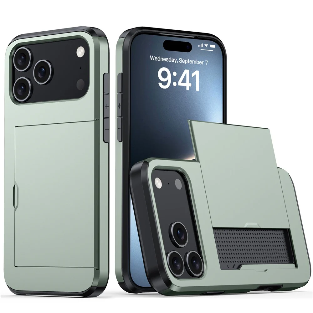 AMORUS For iPhone 17 Pro Max Case with Sliding Card Holder PC TPU Phone Back Cover - Army Green