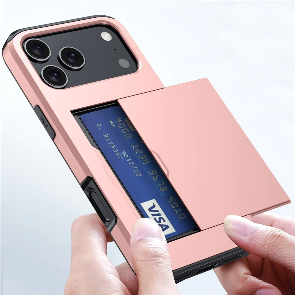 AMORUS For iPhone 17 Pro Max Case with Sliding Card Holder PC TPU Phone Back Cover - Pink - Image 3