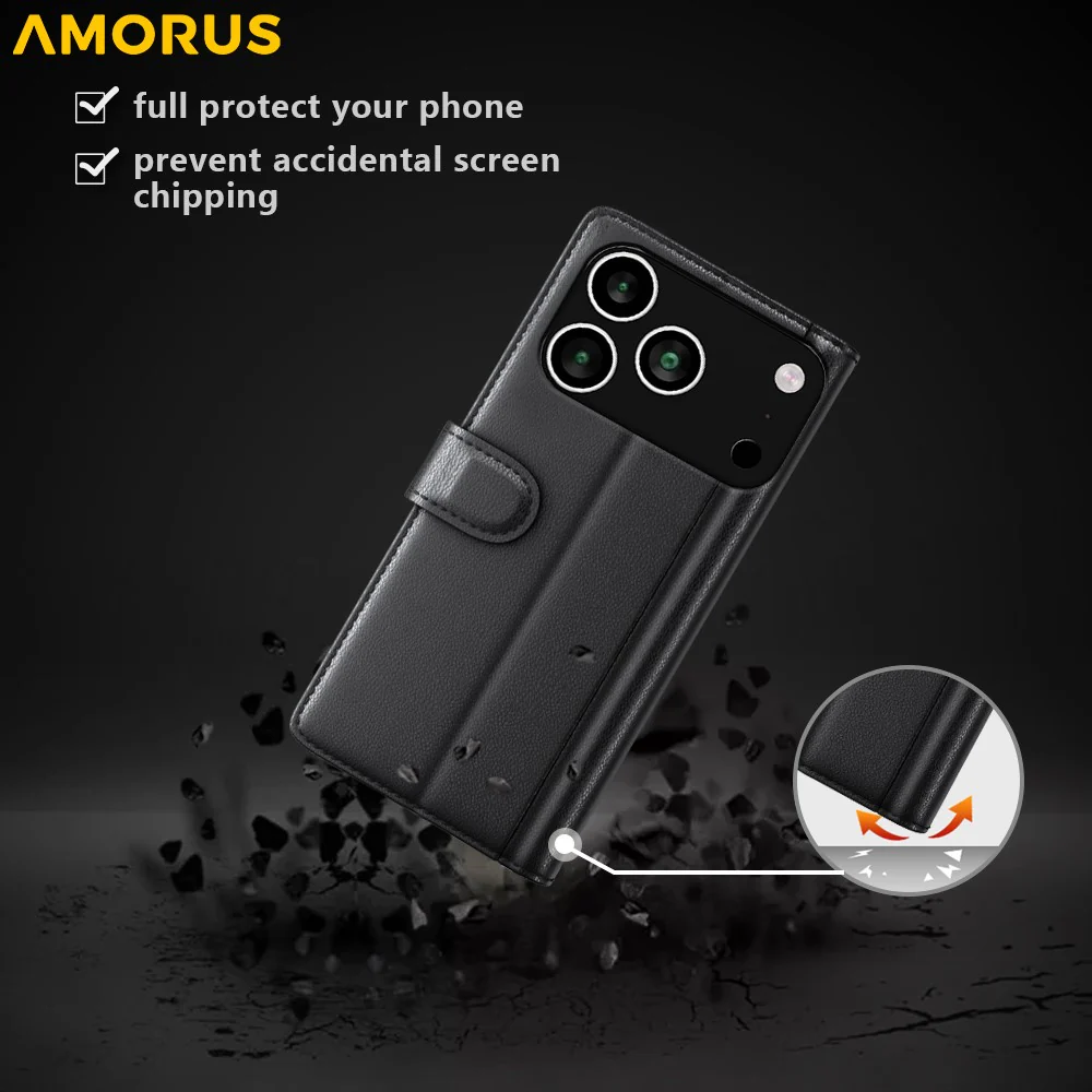 AMORUS For iPhone 17 Pro Max Stand Cases Calf Texture Genuine Split Leather Wallet Phone Cover - Black - Image 5