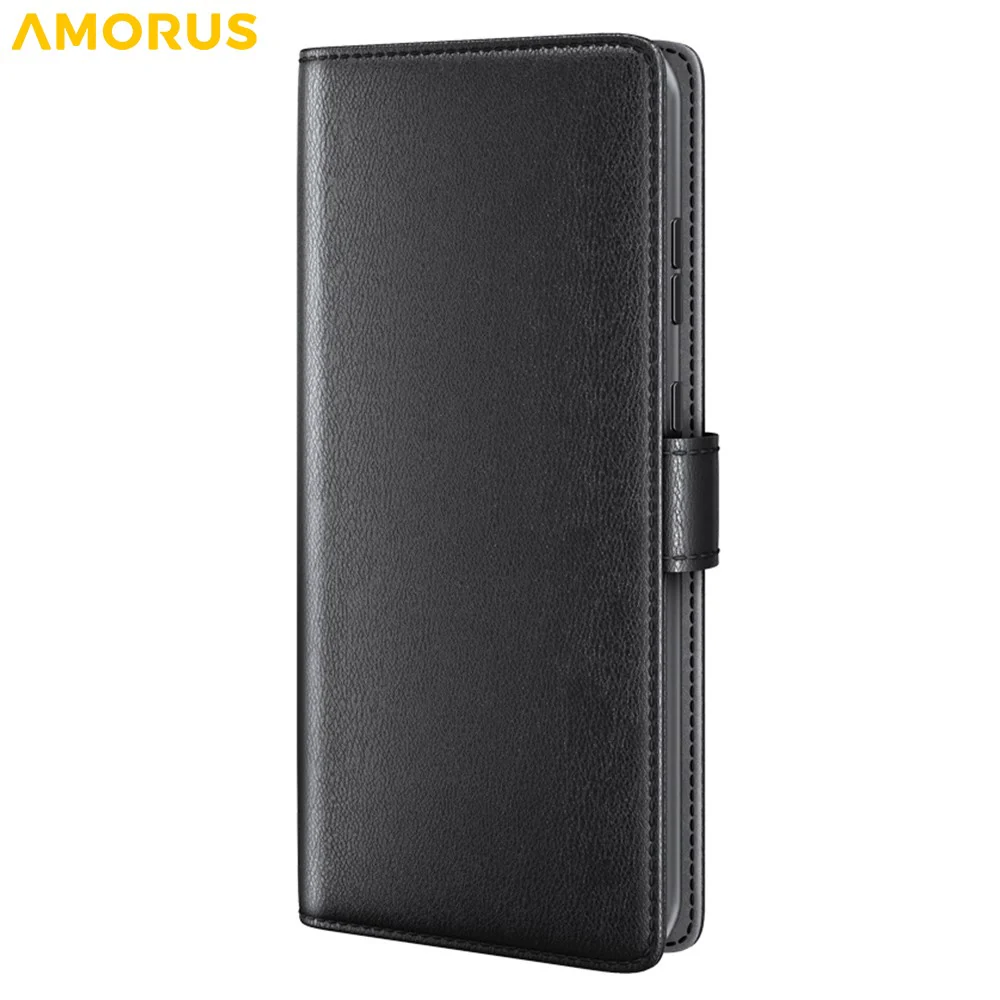 AMORUS For iPhone 17 Pro Max Stand Cases Calf Texture Genuine Split Leather Wallet Phone Cover - Black - Image 6