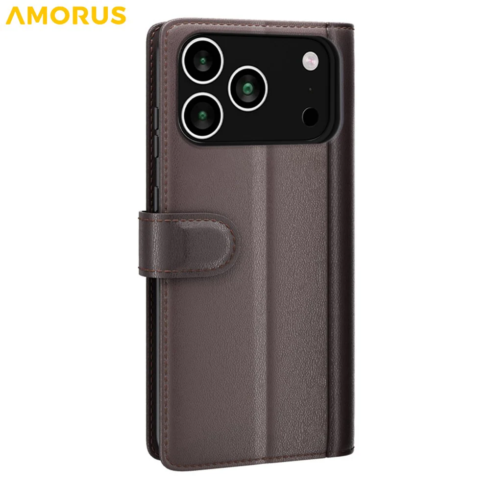 AMORUS For iPhone 17 Pro Max Stand Cases Calf Texture Genuine Split Leather Wallet Phone Cover - Brown - Image 7