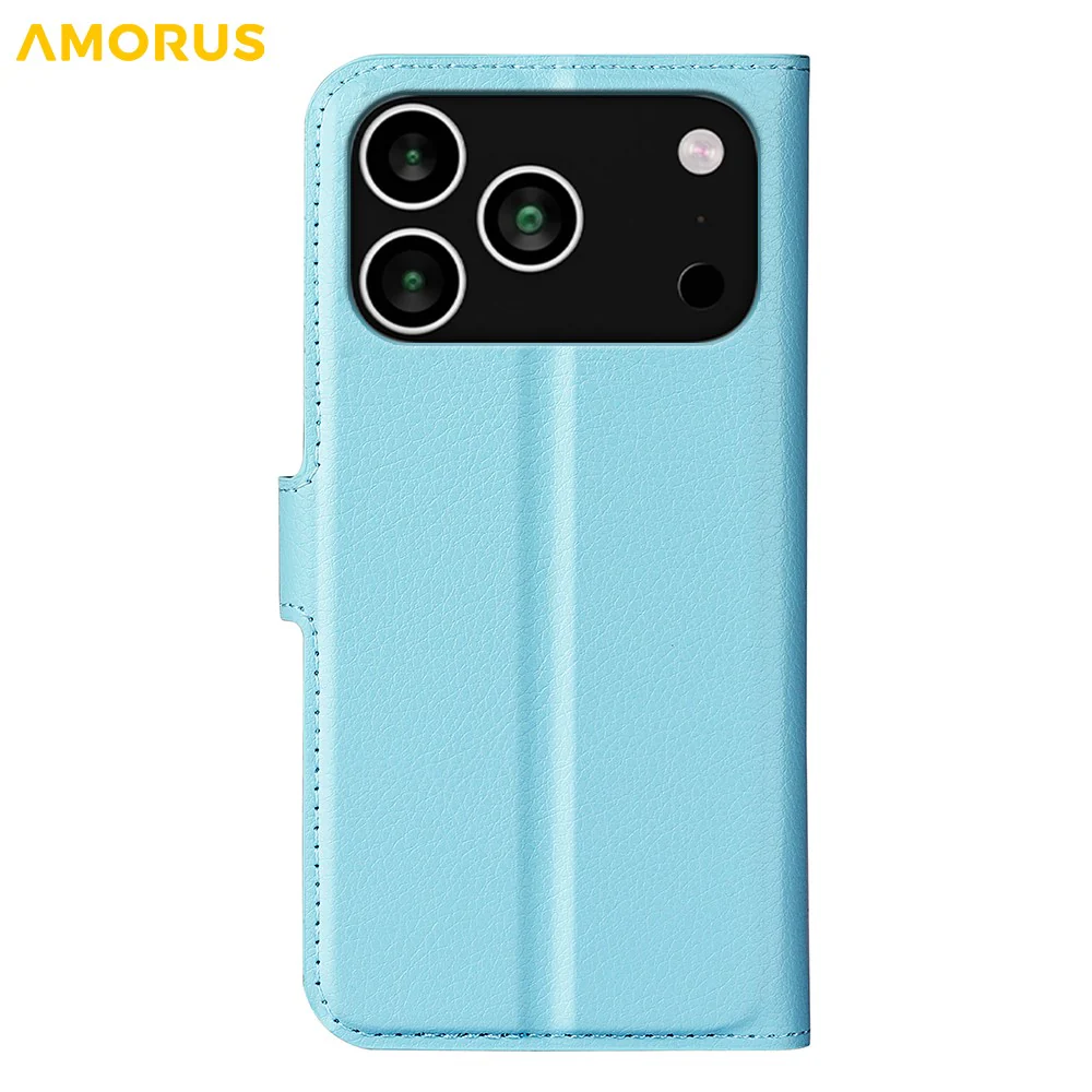 AMORUS For iPhone 17 Pro Max Wallet Case Litchi Texture Shockproof Leather Flip Stand Phone Cover - Blue - Image 6