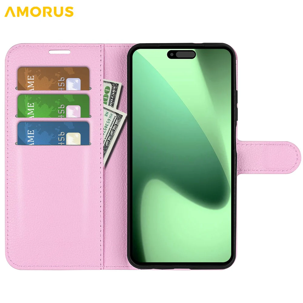 AMORUS For iPhone 17 Pro Max Wallet Case Litchi Texture Shockproof Leather Flip Stand Phone Cover - Pink - Image 2