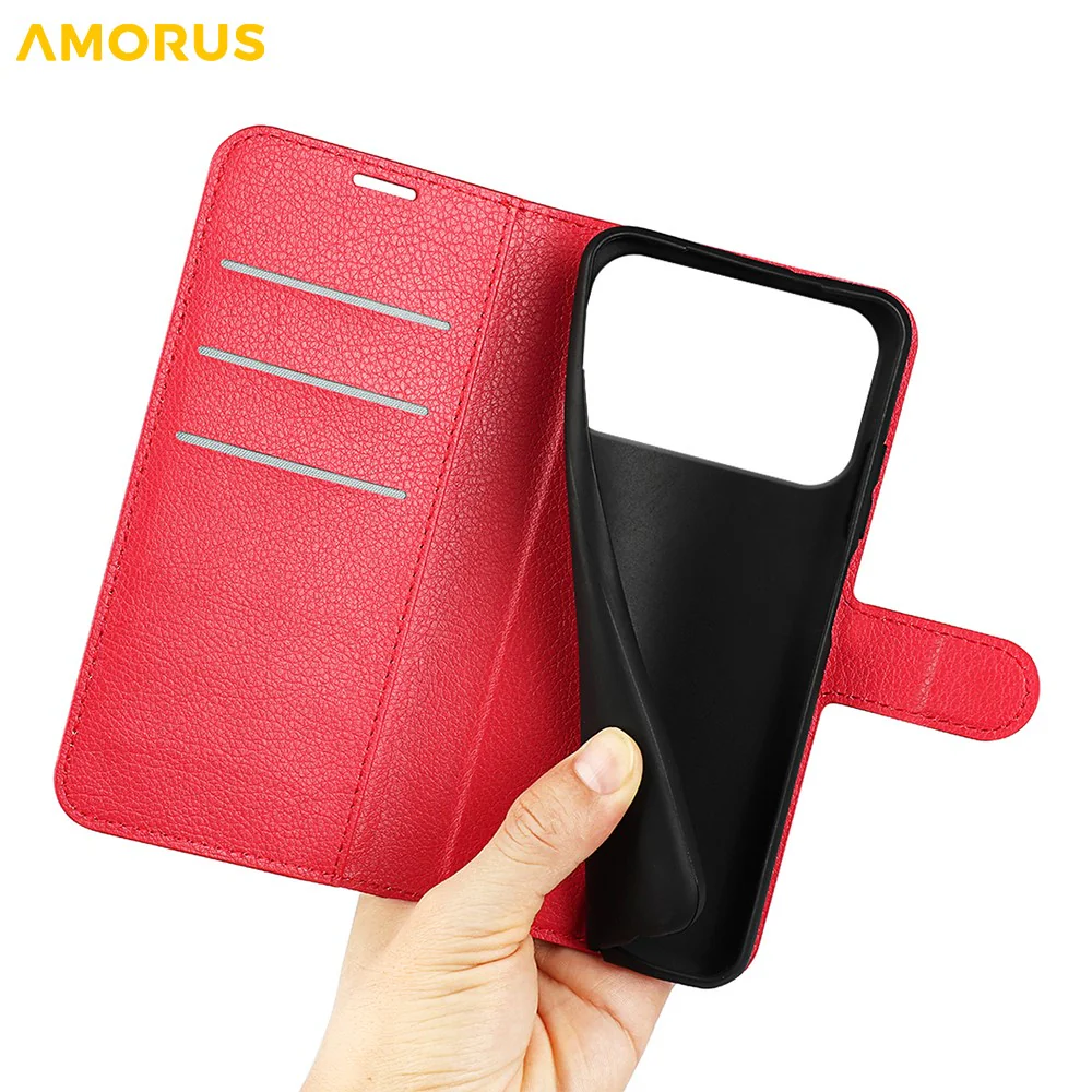 AMORUS For iPhone 17 Pro Max Wallet Case Litchi Texture Shockproof Leather Flip Stand Phone Cover - Red - Image 4