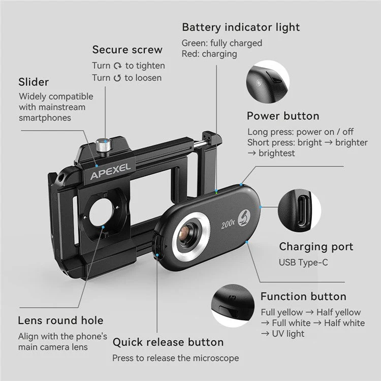 APEXEL APL-MS200 Mobile Phone Holder Clip 200x Magnification Microscope with CPL Filter - Image 3