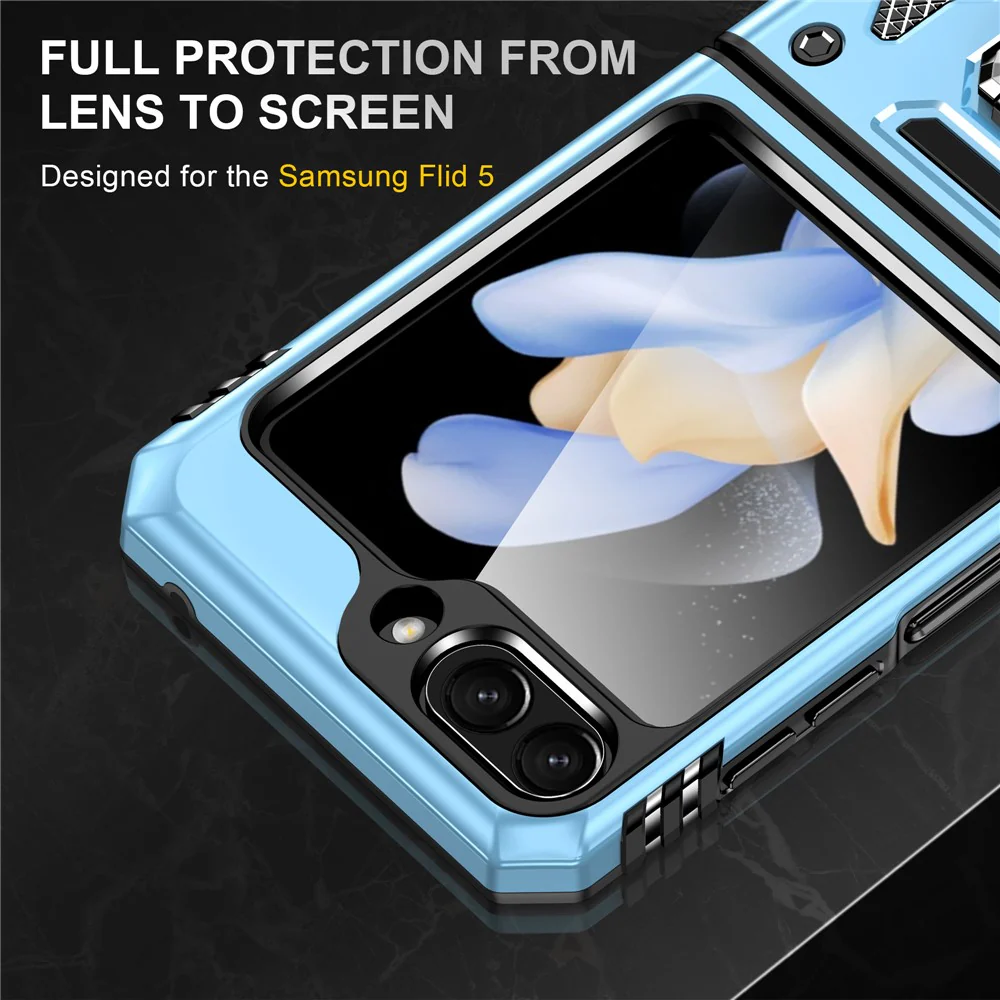 Armor Series For Samsung Galaxy Z Flip7 FE 5G / Z Flip6 5G Case Ring Kickstand PC+TPU Phone Cover - Baby Blue - Image 5