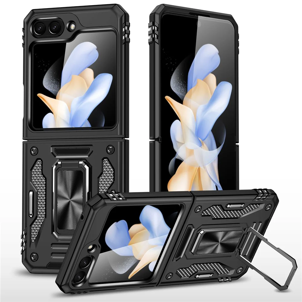 Armor Series For Samsung Galaxy Z Flip7 FE 5G / Z Flip6 5G Case Ring Kickstand PC+TPU Phone Cover - Black