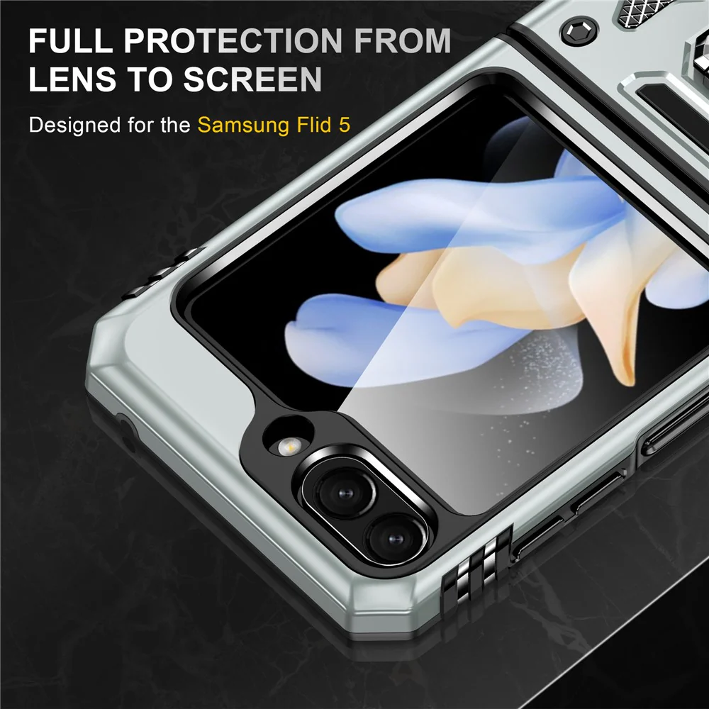 Armor Series For Samsung Galaxy Z Flip7 FE 5G / Z Flip6 5G Case Ring Kickstand PC+TPU Phone Cover - Grey - Image 5