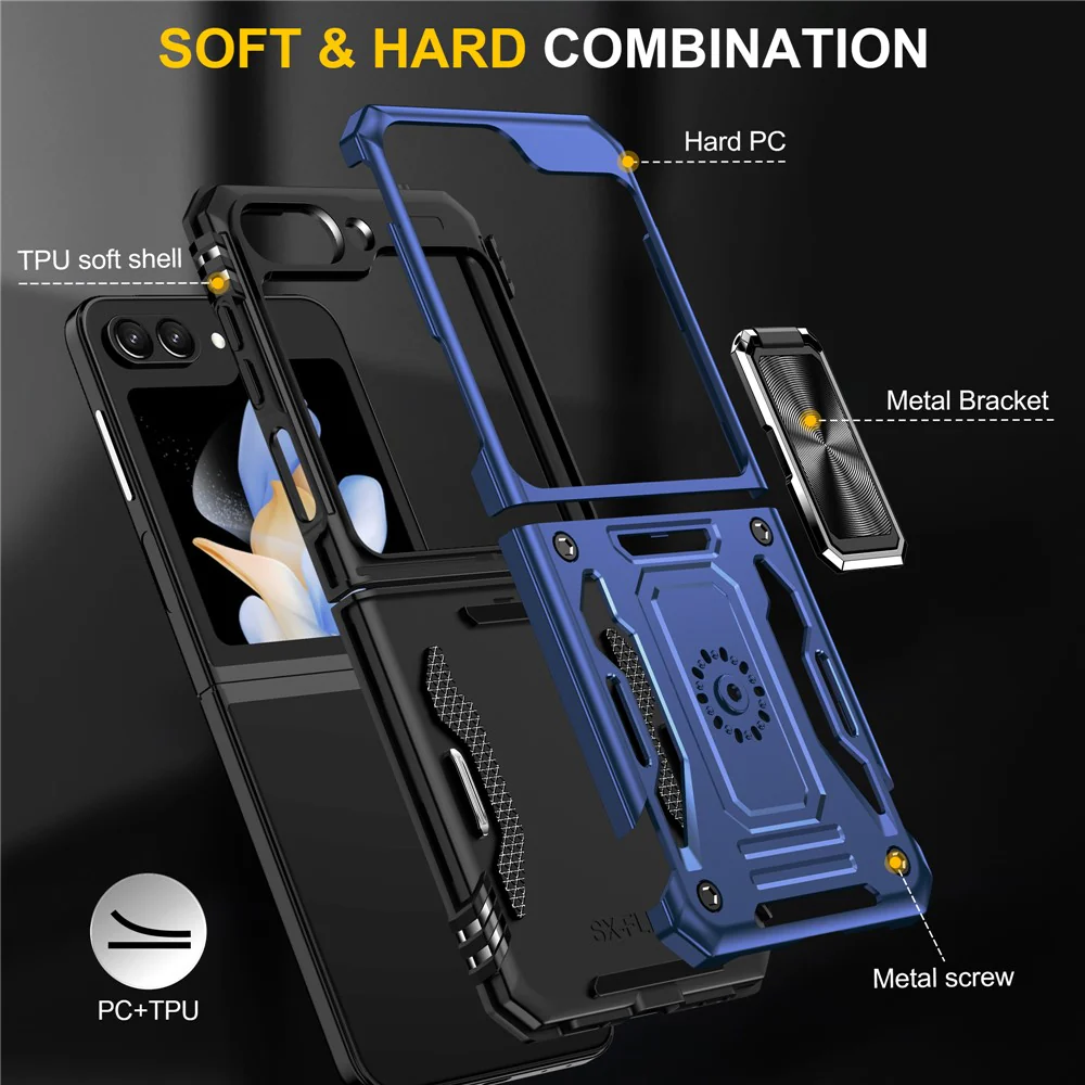 Armor Series For Samsung Galaxy Z Flip7 FE 5G / Z Flip6 5G Case Ring Kickstand PC+TPU Phone Cover - Navy Blue - Image 7