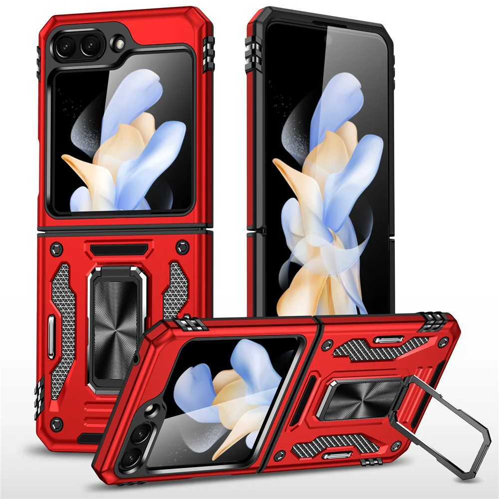 Armor Series For Samsung Galaxy Z Flip7 FE 5G / Z Flip6 5G Case Ring Kickstand PC+TPU Phone Cover - Red
