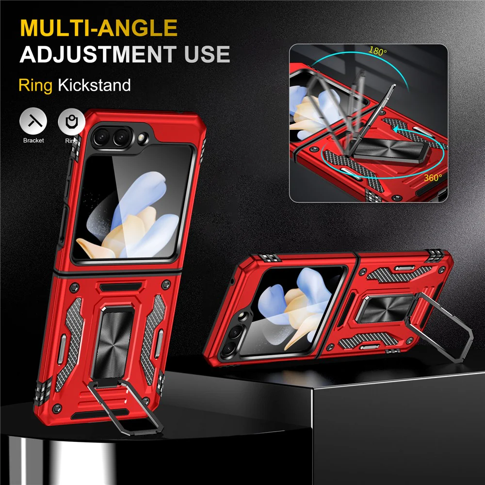 Armor Series For Samsung Galaxy Z Flip7 FE 5G / Z Flip6 5G Case Ring Kickstand PC+TPU Phone Cover - Red - Image 4